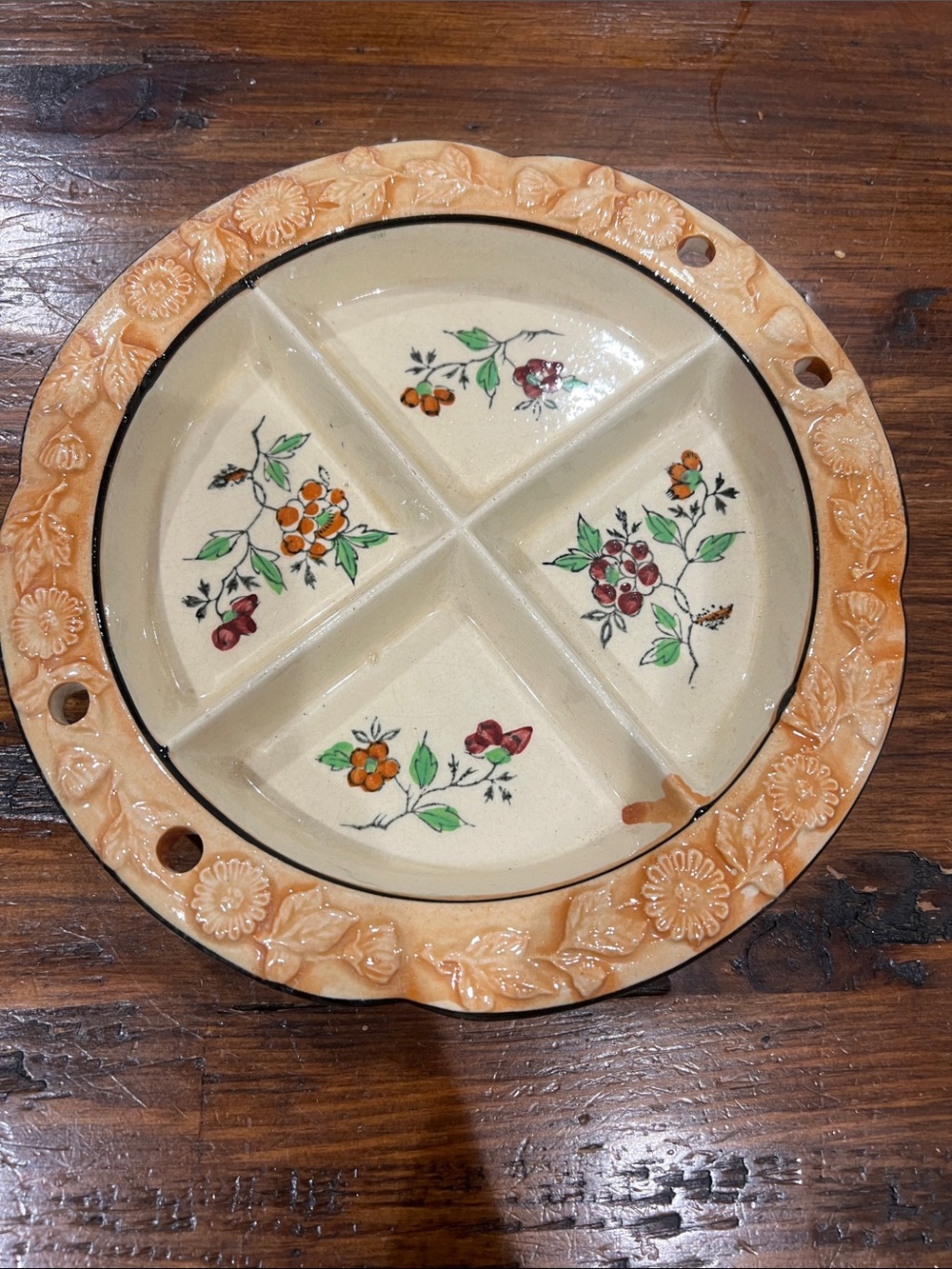 Vintage Hand-Painted Floral Ceramic Divided Dish
